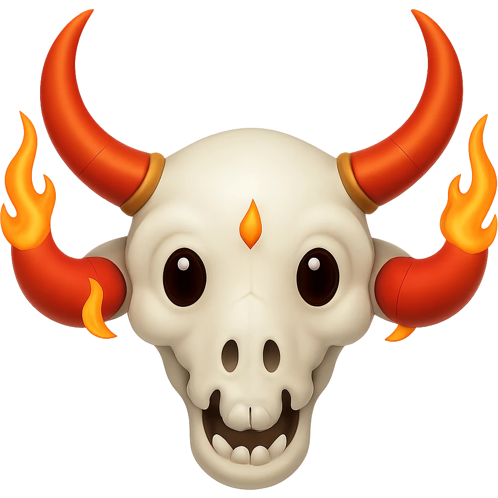 Make the white bull skull with bright red-orange flaming horns look less scary, give it a friendly and approachable expression, keep the style consistent. Remove the background. emoji