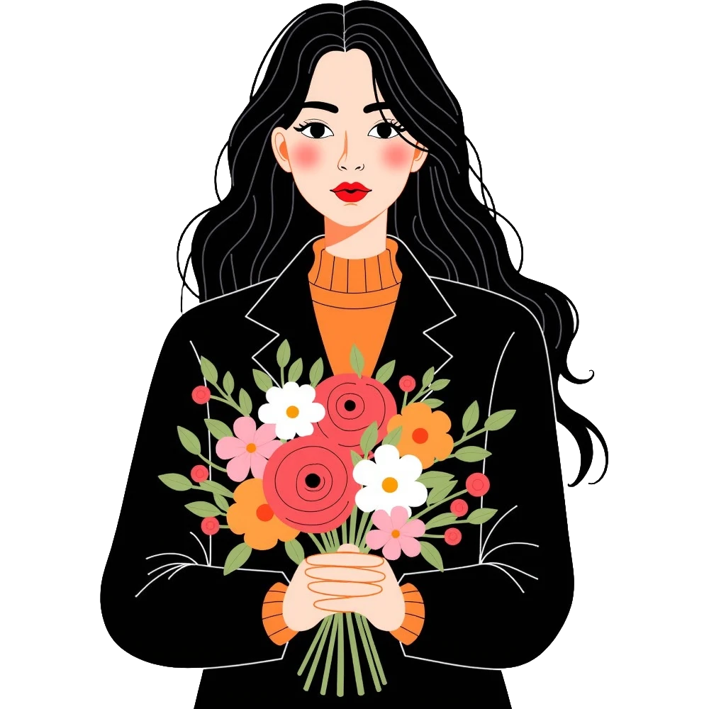 beautiful girl with long black hair wearing a black coat holding a bouquet of flowers emoji