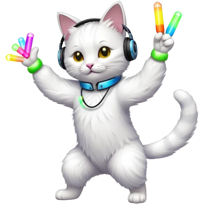 cat dancing with headphones, glow sticks, college party atmosphere emoji