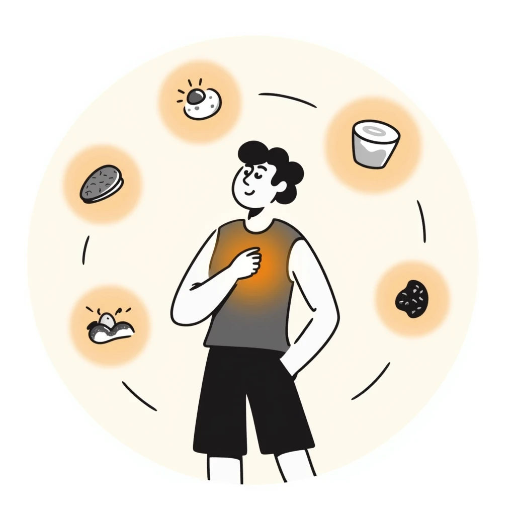 A warm glowing orb with food icons (meat, egg, beans, tofu, yogurt) orbiting around a semi-transparent muscular human body. The body is illuminated from within, with subtle muscle fibers that vibrate and expand. emoji