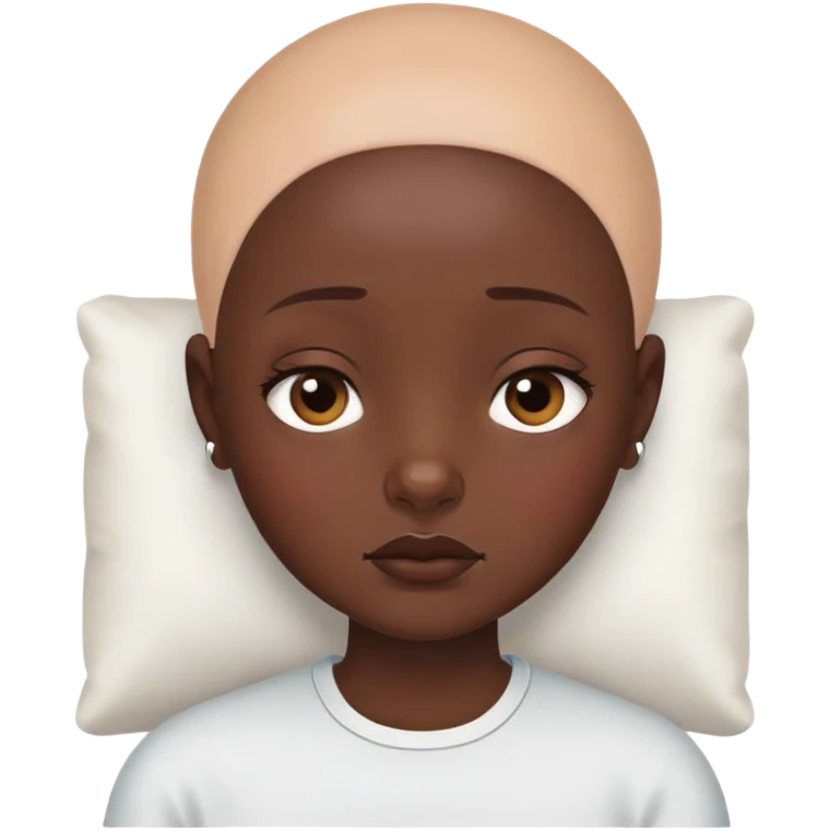 Girl showing tiredness, dark skin tone, bald emoji