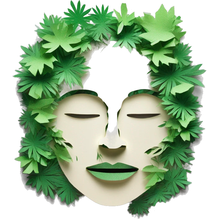 Person face portrait smoking chill made entirely of paper cuttings and 420 leaves and green flowers, holographic emoji