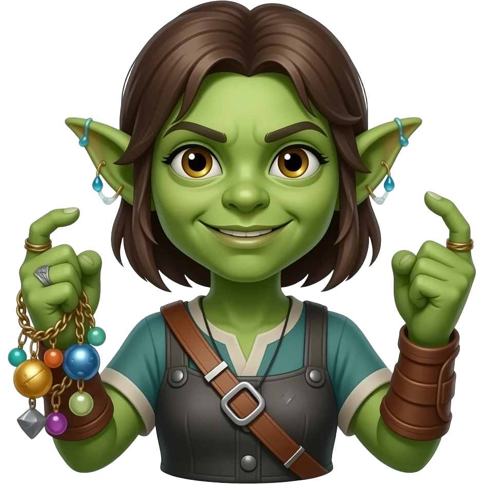 Bust of Kind Green Goblin girl fantasy adventurer with junk trinkets emoji