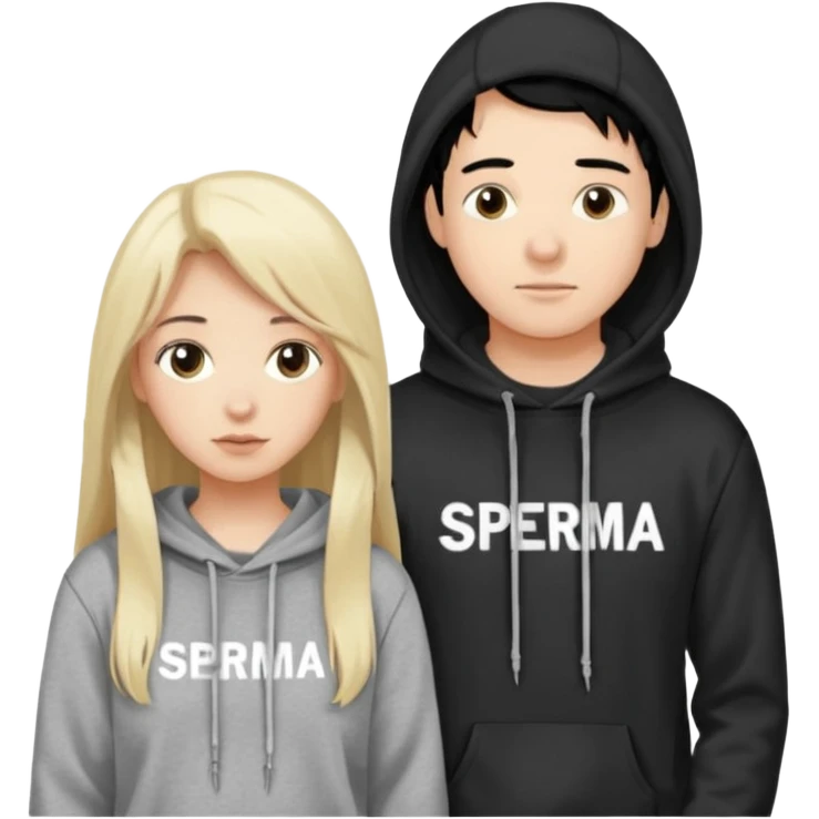 I want it to be this emote 🙍‍♂️
of a guy with black hair and a black sweatshirt with the word "sperma" written in white in the middle. Behind him, there's a pretty blonde with long hair, pulling the string on the first person's hoodie. The girl is wearing a gray sweatshirt. emoji