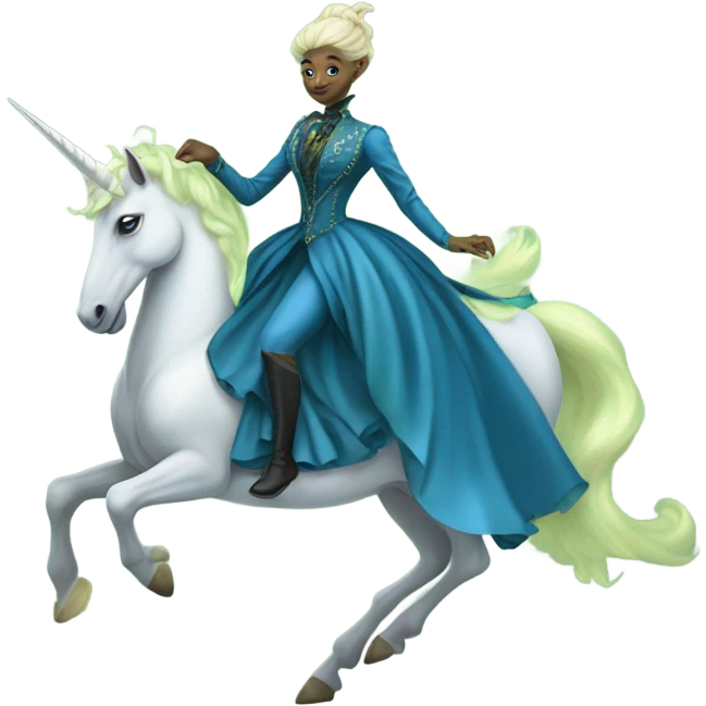 "galora green blonde alien woman" in blue Victorian dress elegant, full body, on unicorn white emoji
