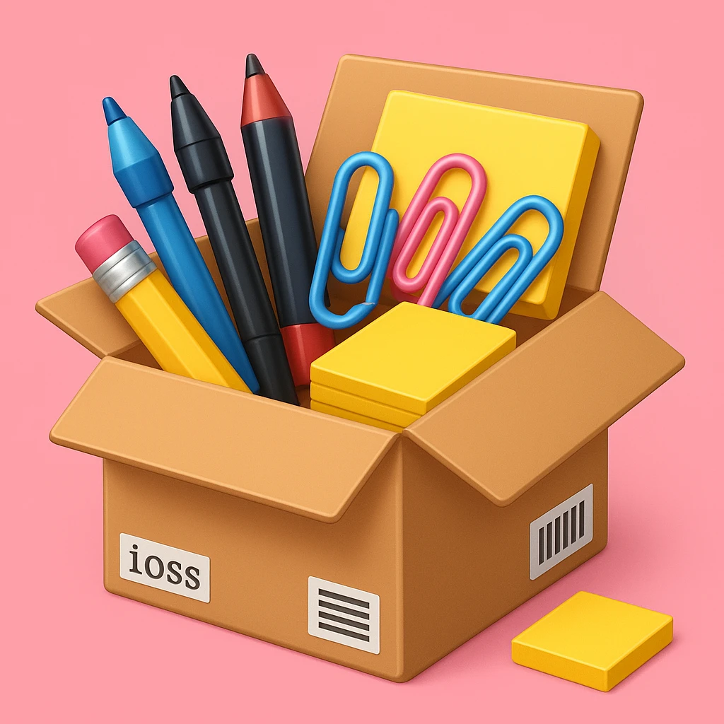 a cardboard box with assorted office supplies like pens, paper clips, and sticky notes spilling out in emoji style with a pink background emoji