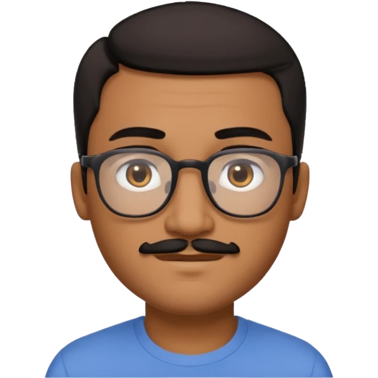 A friendly person with medium-brown skin, large warm brown eyes, thin rectangular glasses, a short mustache and small goatee, black hair. Rounded face, calm slight smile. Head-and-shoulders emoji style, bold outlines, simple shapes, bright colors, transparent background. emoji