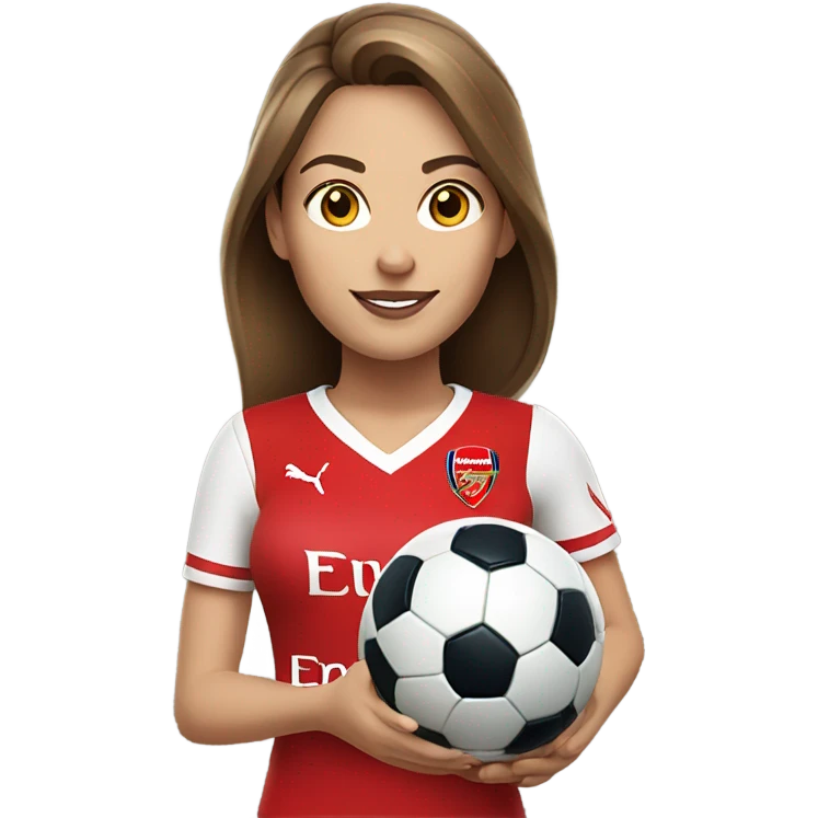 Pretty white woman with medium brown hair holding a soccer ball and wearing an Arsenal jersey emoji
