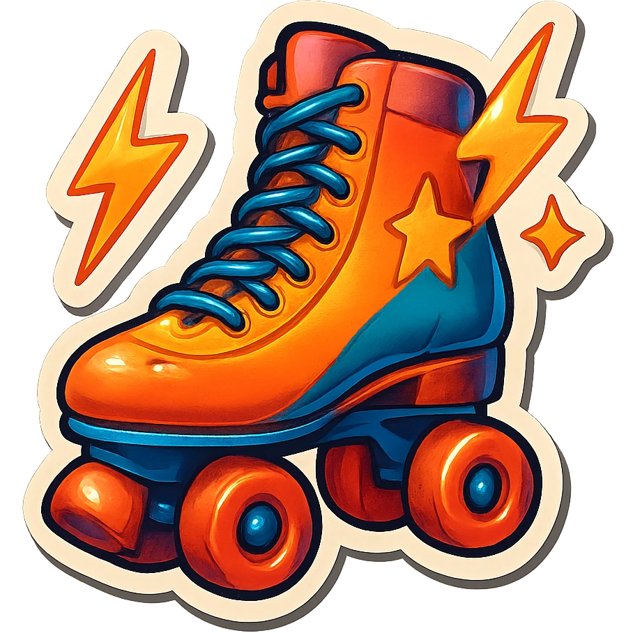 a roller skate with lightning bolts and stars, retro sticker style emoji