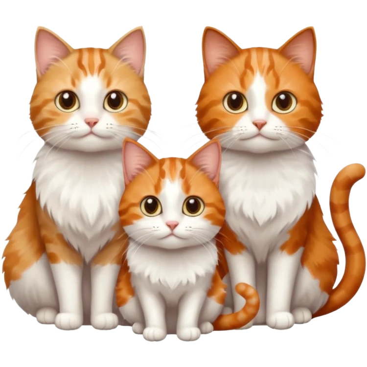 3 sibling cats each are various different natural colours; 1 is ginger and white, the next is brown tabby and white and the third is a calico emoji