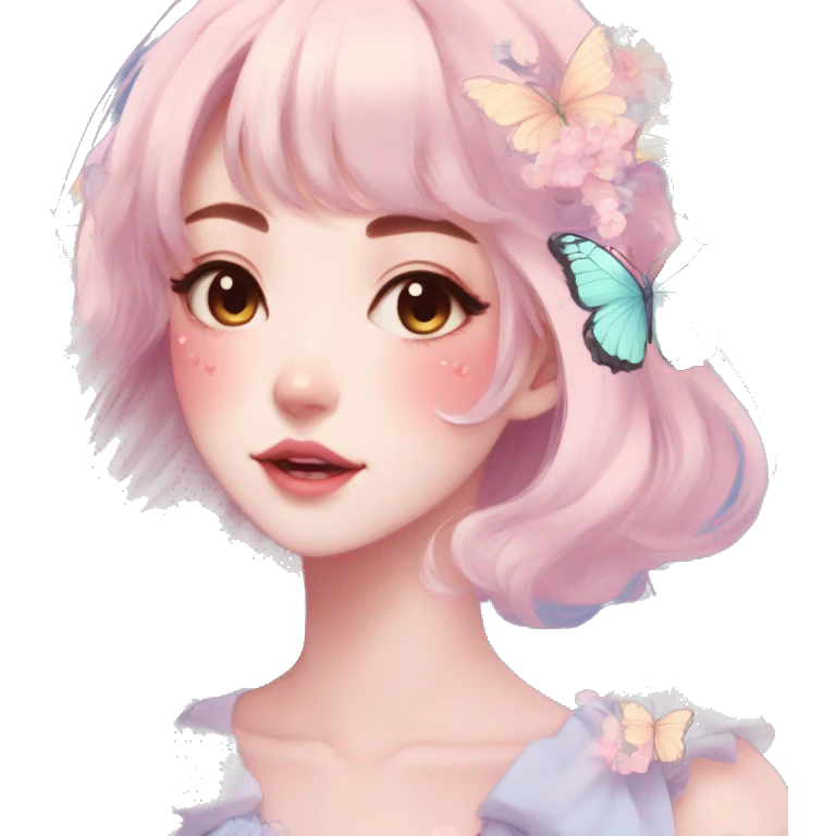 Gorgeous Pastel Anime-Style Lady With Butterflies on face cottage core pastelcore kawaii aesthetic trending style emoji