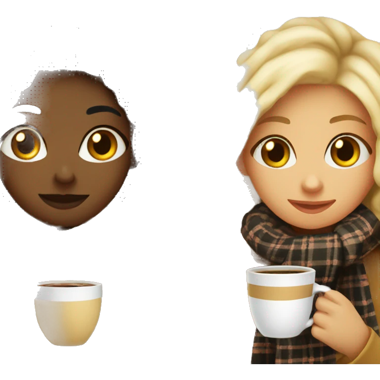 blonde and black hair Girl drinking coffee, with a cozy blanket emoji