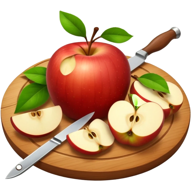 A round wooden board with a whole apple and several slices on it and knife with leaves, with a soft glow emoji