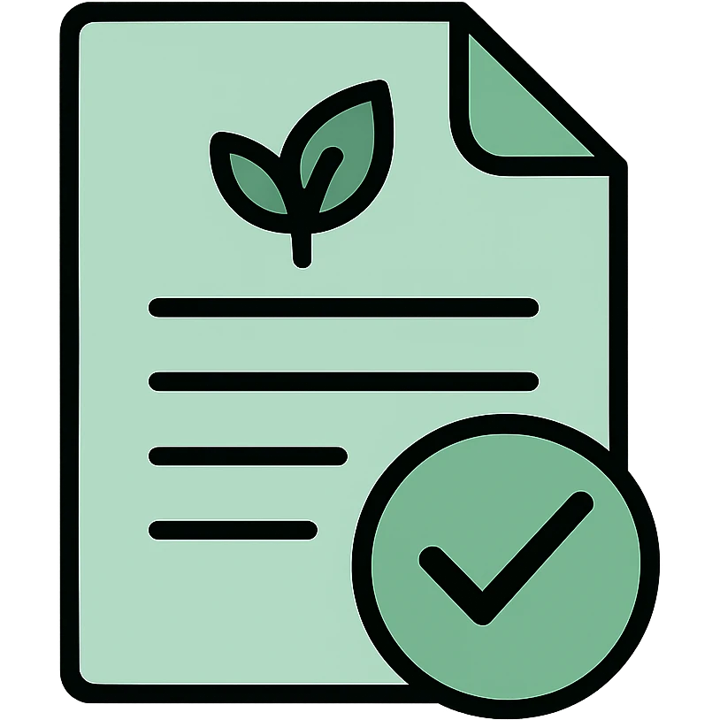 Skeuomorphic policy document icon with mint green #B5F4D3 and black #111111 color scheme, showing a document with environmental policy elements, clean symmetric design with subtle depth and soft light emoji