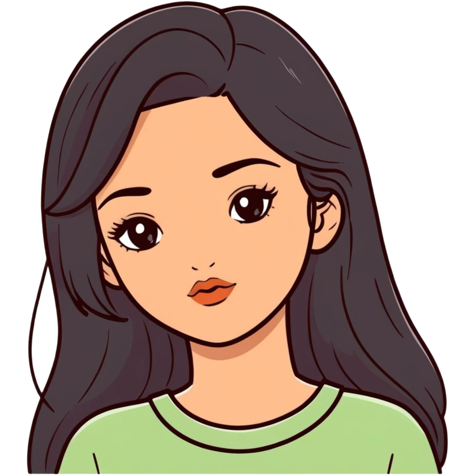 european girl with long black hair, long eyelashes, terracotta lips, light green top emoji