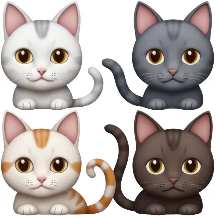 4 different coloured short haired cats including; a dark brown and white cat, and a dark grey and white  emoji
