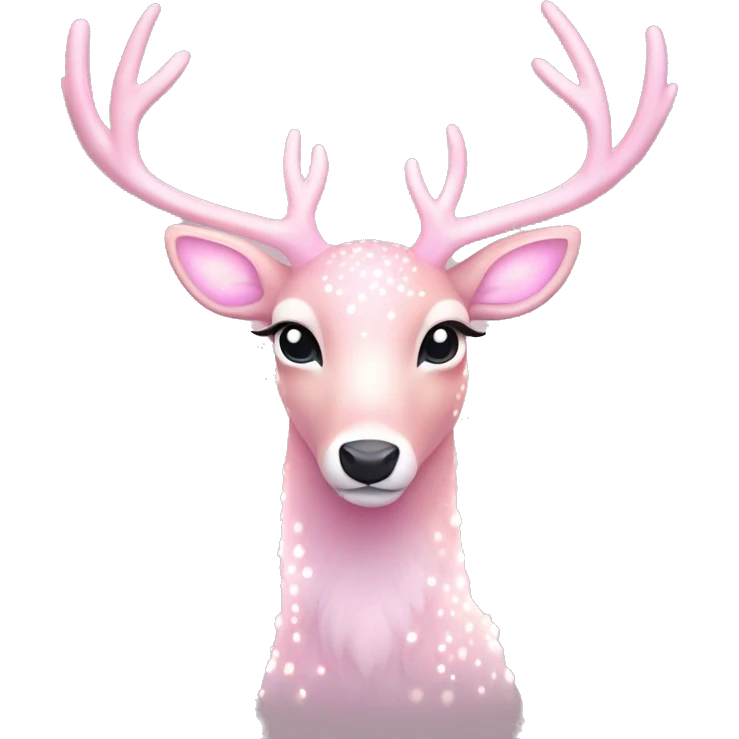 Deer "A pastel pink deer with a glowing, soft fur coat, shimmering antlers adorned with tiny star patterns, and a faint magical aura." emoji