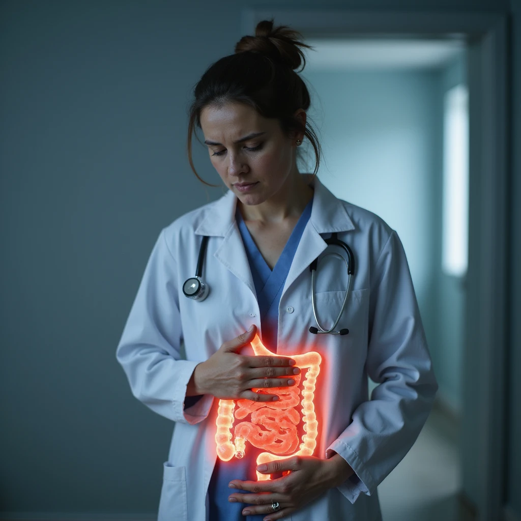 hyperrealistic 4K image of a woman in a medical coat, tired face, hand on abdomen, intestine highlighted in transparency with red inflamed areas, clinical environment emoji