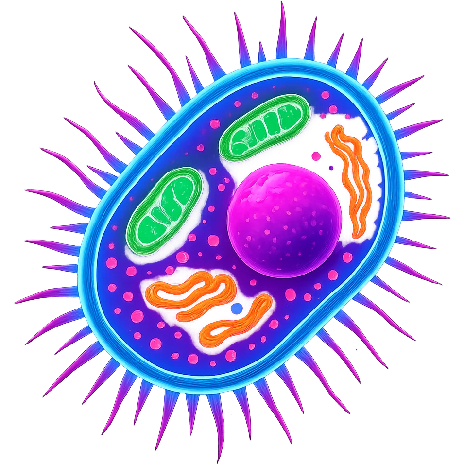 bacteria with visible nucleus and organelles, neon colors, high contrast emoji