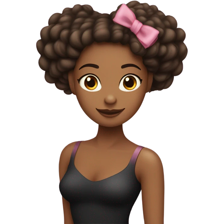 Uma mulher com a silhueta esguia e postura elegante, representando uma bailarina. Tom de pele pardo, cabelos onulados. Laço rosa emoji