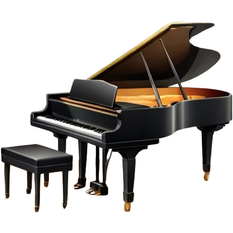 Icon for Musical Theater: a stage with a grand piano, musical notes, a spotlight and theatrical curtains. The icon should represent the fusion of music and theater, with emphasis on performance and orchestration. Transparent background. emoji