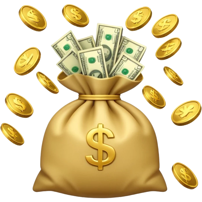 

3D emoji style, big bag of money, flying dollar bills, rich casino vibe, smooth lighting, high detail, clean edges, transparent background



 emoji