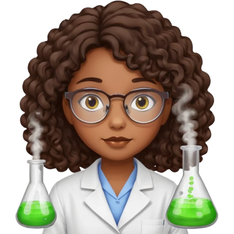 bratz doll with long loose curly dark brown hair, glasses that are round cat eye vibes, in a lab coat mixing beakers that glow shes a 4th grade girl emoji