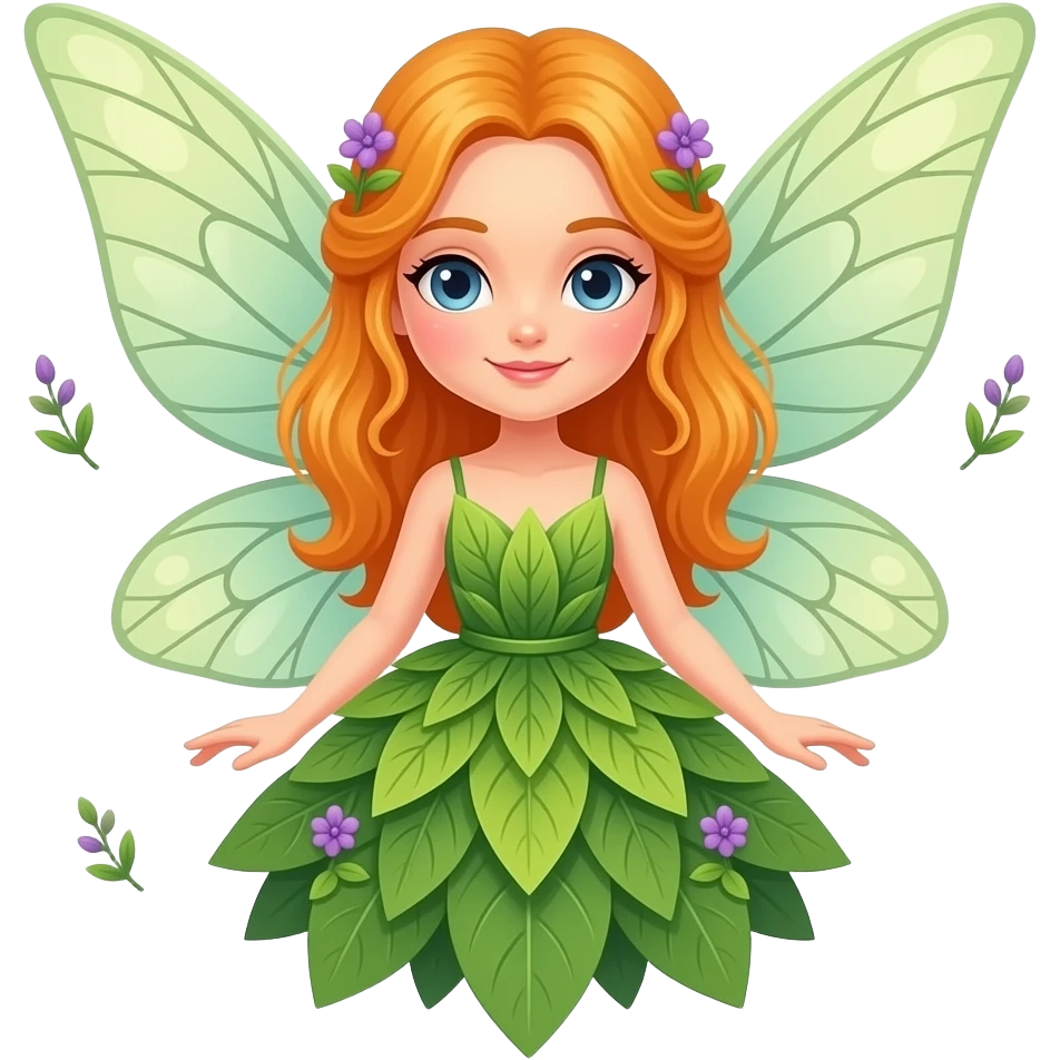 An elegant garden fairy in a green and orange color palette, with delicate translucent wings, a flowing leaf-and-petal dress, rosy cheeks, and tiny lilac accents. emoji
