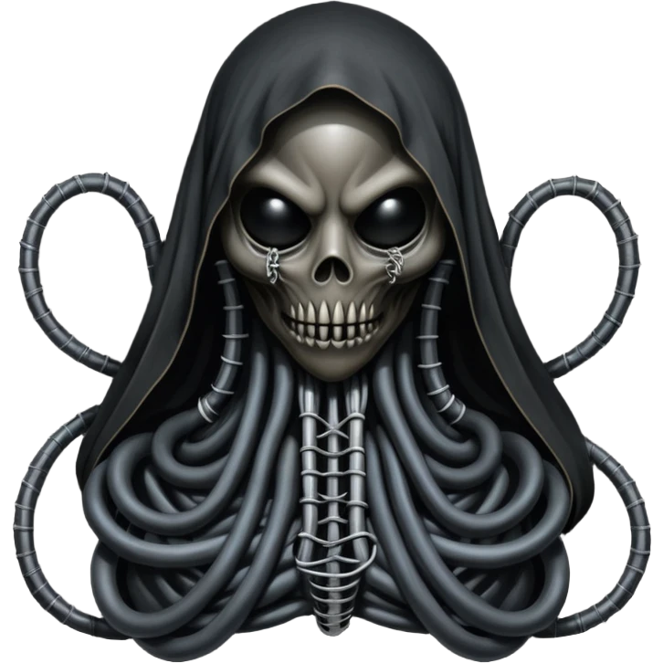 organic black wires merging into a monstrous occult creature, draped in black rags and bondage, Giger-esque emoji