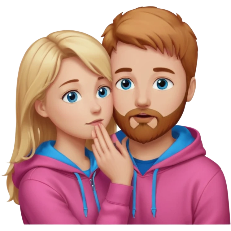 Pretty-long blonde hair blue eyed-girl,wearing a pink hoodie, facing a reddish brownish hair and beard-blue eyed-white man whose holding her face kissing  emoji
