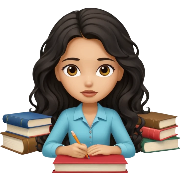 a pretty tan bratz girl with black wavy long hair studying. Pile of books on the table. No glasses. Looks tired emoji