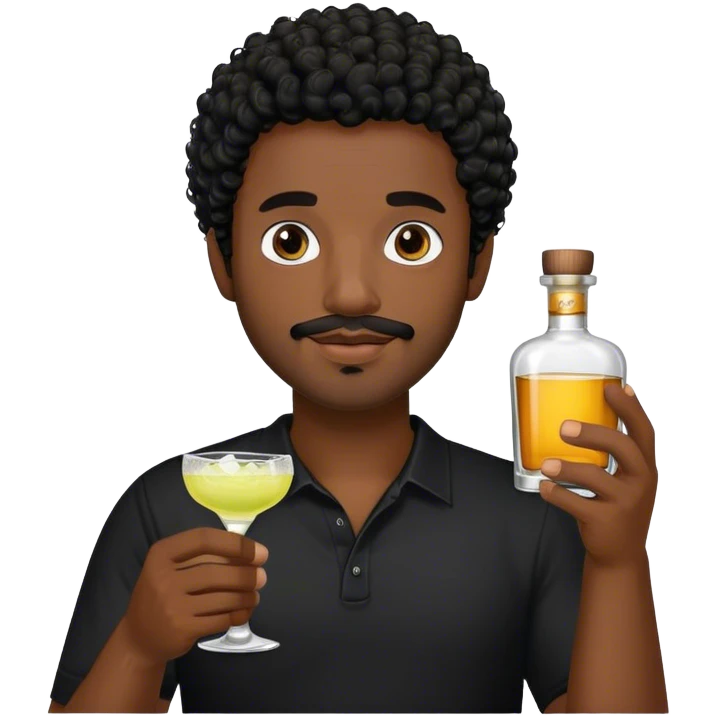 dark black guy, short black curly hair, facial hair, holding tequila, black shirt  emoji