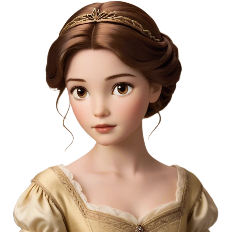 Cinematic Realistic Belle Portrait, depicted with lifelike skin texture, soft natural lighting, and intricately detailed brown hair styled elegantly. Her deep, expressive eyes exude warmth and intelligence, complemented by a serene and graceful expression. She is dressed in her classic attire, with rich fabric textures and delicate folds that catch the light beautifully. The portrait features a soft, enchanting glow with a natural, radiant finish, capturing the essence of timeless beauty in a realistic and painterly style, evoking a sense of depth and authenticity. emoji