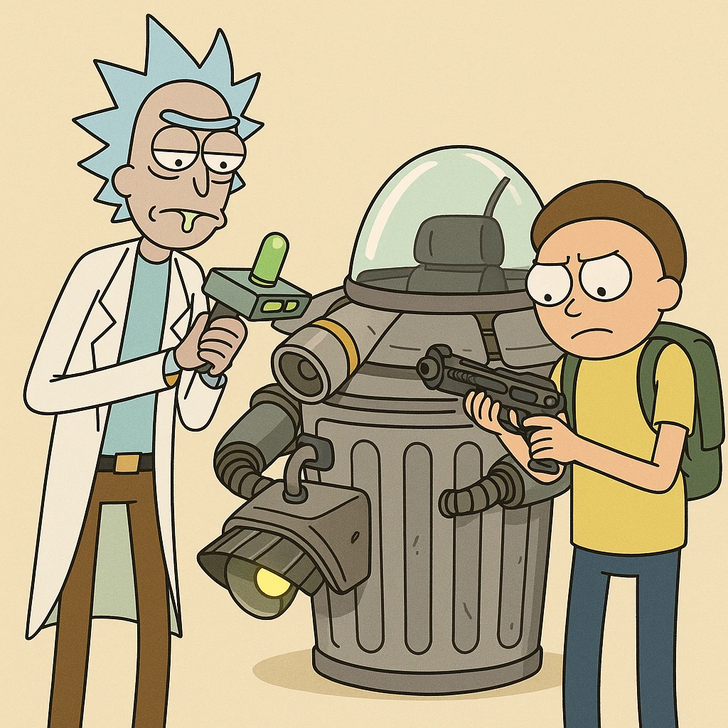 Rick and Morty preparing for new adventune. The're checking their equipment. And they trashcan space ship emoji