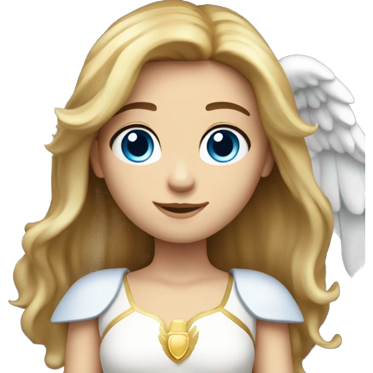Caucasian brunette Angel with long straight hair, dimples, big blue eyes, golden halo and wings emoji