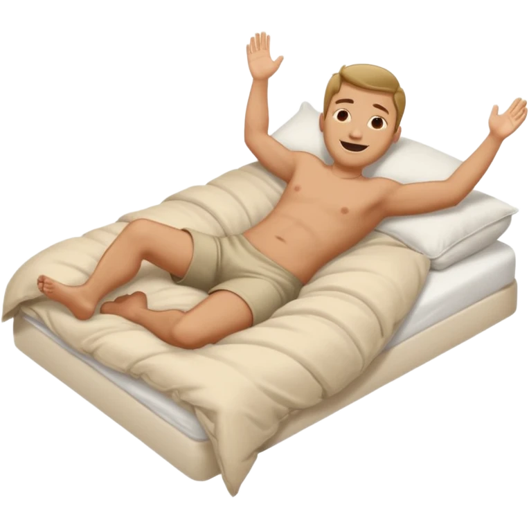 A man in bed laying down under covers kicking feet because excited to sleep arms are down and he is smiling with eyes closed and feet are kicking in air. LAYING DOWN NAD UNDER COVERS EXCEOT FOR FEET emoji