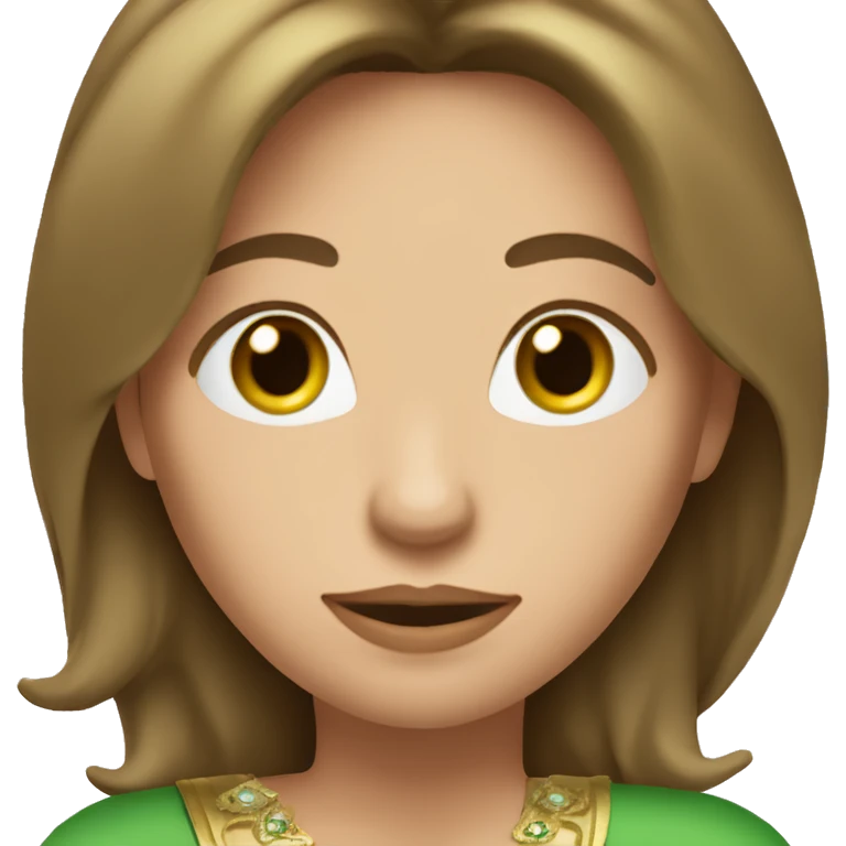 pretty 40 year old woman with grass green eyes and shoulder length straight brown hair gold princess crown emoji
