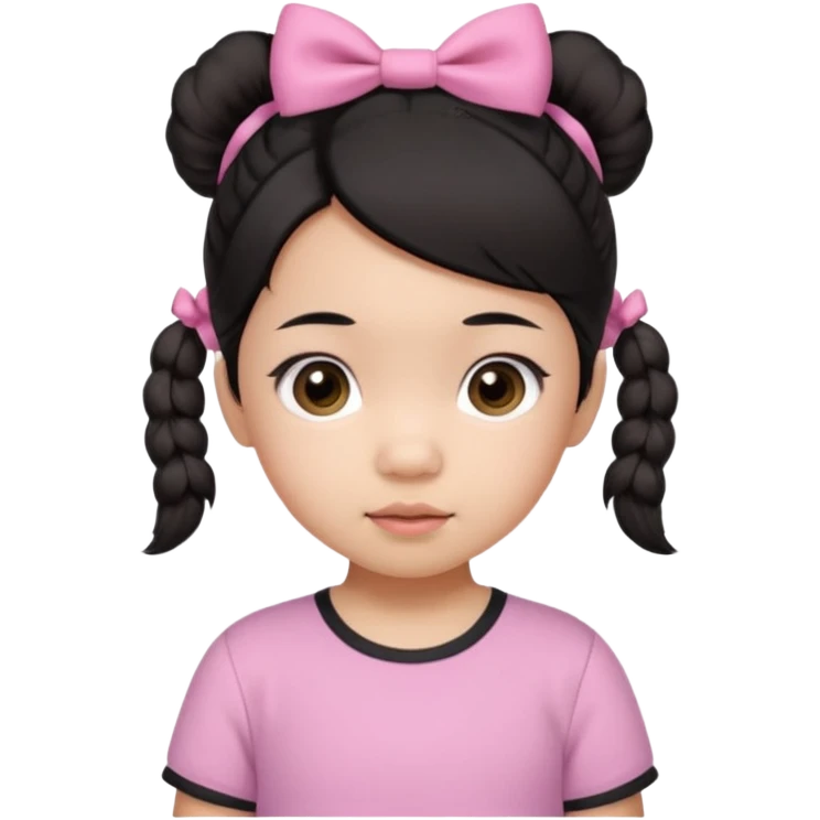 mixed 1 year old girl asian and american with short pigtails and cute bows i dark brown/black hair with big brown eyes emoji in a pink shirt emoji