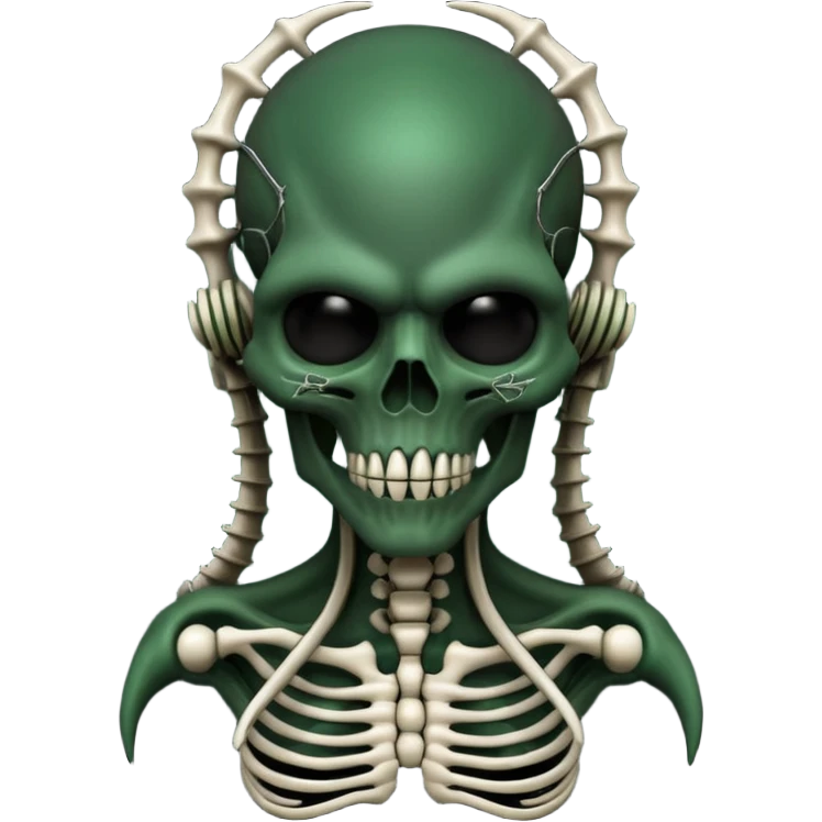 HR giger, wires, dark green, black flesh undead sorcerer, head. bones and skin emoji