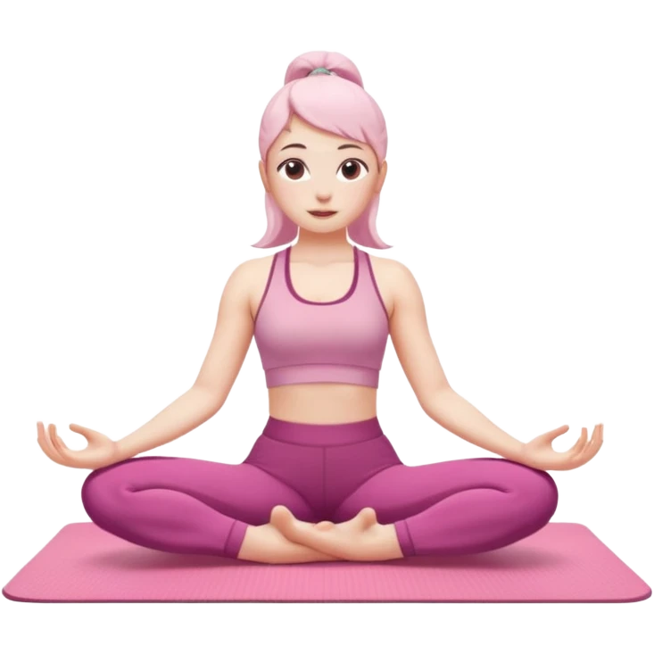 a pretty 20-year-old woman with white skin doing a different stretching pose on a pink yoga mat, iPhone memoji style emoji
