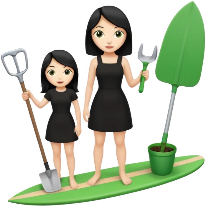 Princess who wearing black dress (woman) black hair holding her phone and a gardening shovel with another hand. She is standing on her feet, there is one green surfing board. emoji