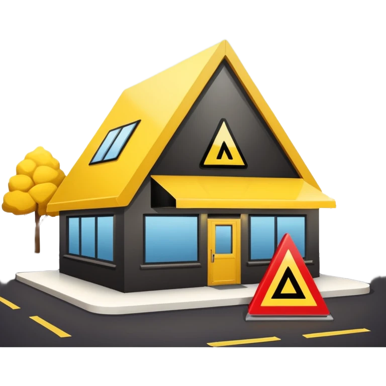 restaurant building with yellow warning triangle sign, caution emoji