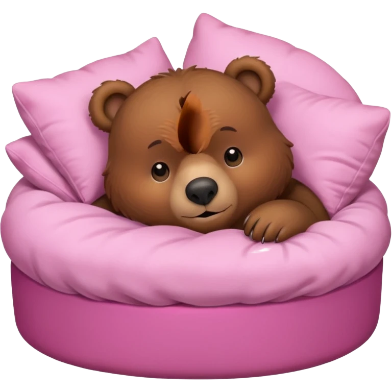 A cute brown bear in a pink bed, tucked in and looking forward, trying to fall asleep. emoji