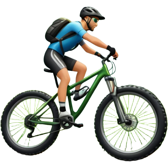 An icon showing a mountain bike with thick tires on a forest trail, surrounded by trees and natural terrain. The background features a lush green forest with sunlight filtering through the branches, and a winding path ahead. Transparent background highlights the  adventure of mountain biking. emoji