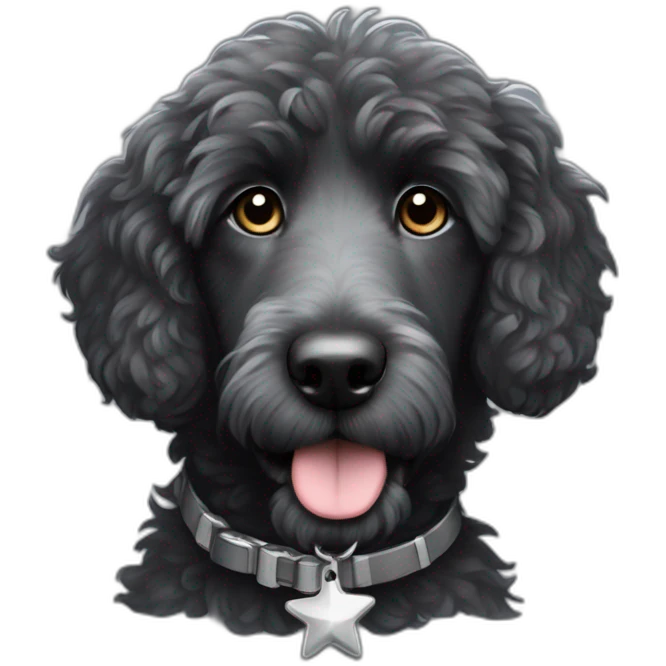 fully black aussie doodle with gray eyebrows and a silver star tag on his collar emoji