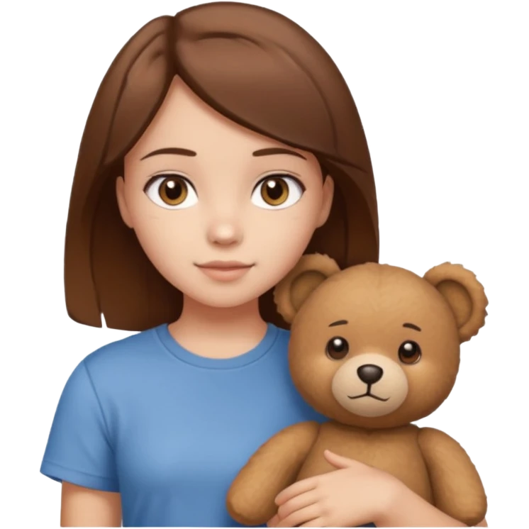 A Girl with Brown hair and Brown eyes with a t-shirt of a Teddy bear emoji
