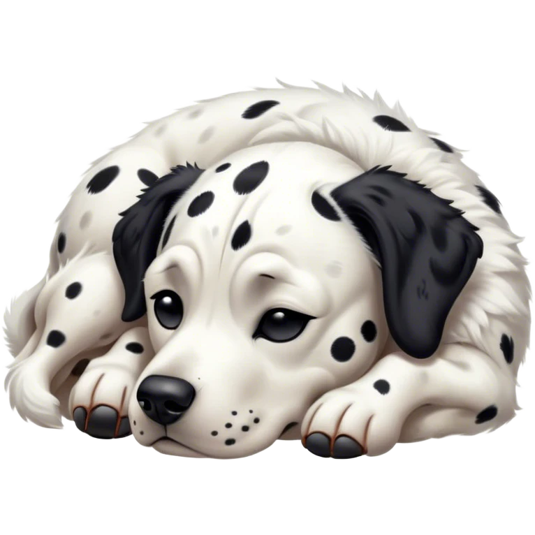 Meme-Worthy Cute Sleeping Spotted Dalmatian Portrait Emoji, Head resting peacefully with a contented smile, showcasing a delightfully majestic build and a luxuriously soft Fur of predominantly white with bold black patches, eyes shut in a serene nap, Simplified yet hilariously adorable features, highly detailed, glowing with a soft, drowsy light, high shine, relaxed and utterly lovable, stylized with an air of playful laziness, bright and heartwarming, soft glowing outline, capturing the essence of a comically sleepy guardian, so meme-worthy it feels like it could instantly become the next viral sensation of adorable slumber! emoji