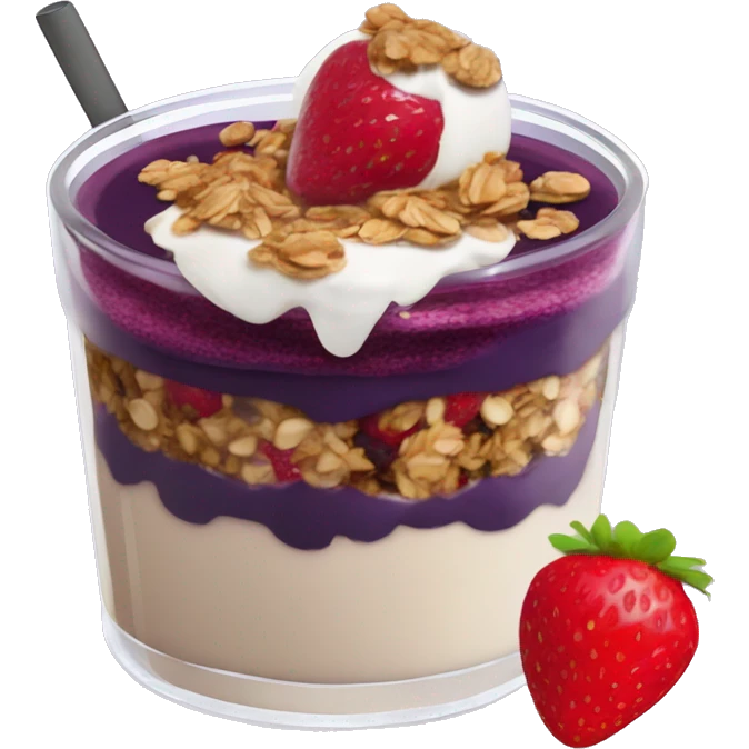 Açaí in a clear cup with layers of strawberry and granola and condensed milk emoji