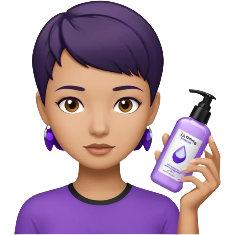 tan girl purple shirt with black hair & a pixie, doing her skin care emoji