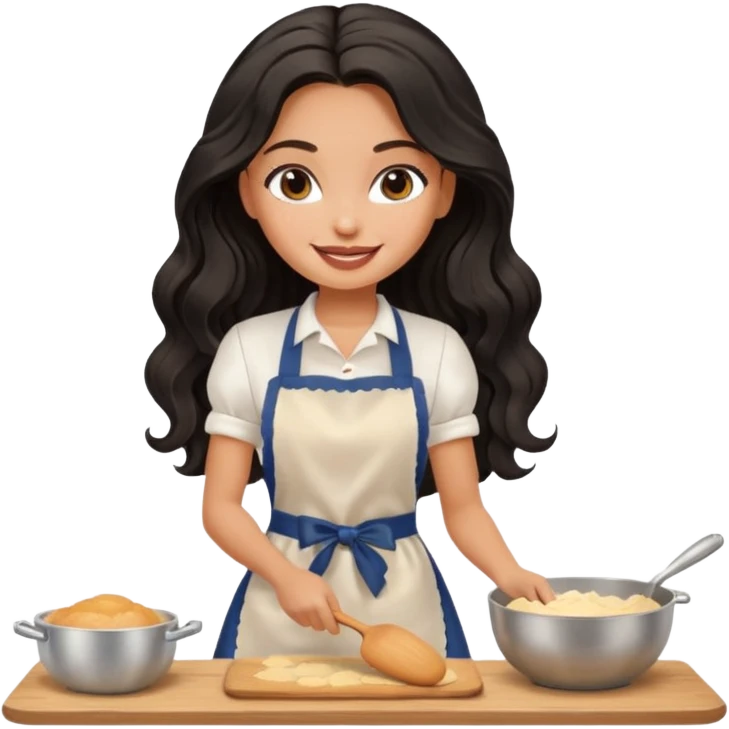 a pretty tan bratz girl with black wavy long hair baking at home emoji